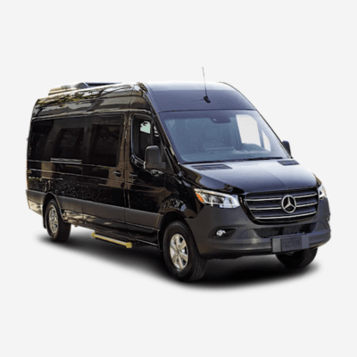 Mercedes Sprinter van with extended body and tinted windows, suited for upscale multi-passenger transfers
